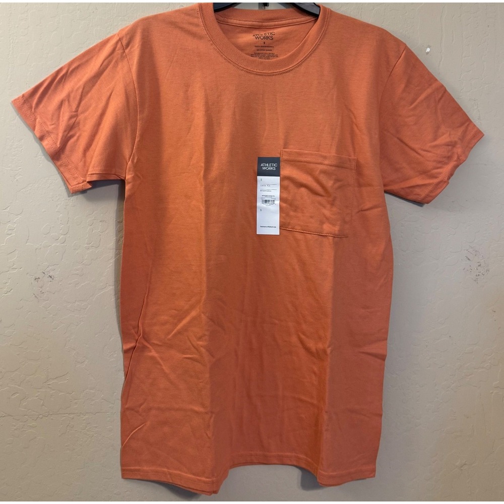 Athletic Works Pocket T-Shirt Mens Small Orange Loose Fit Cotton Short Sleeve